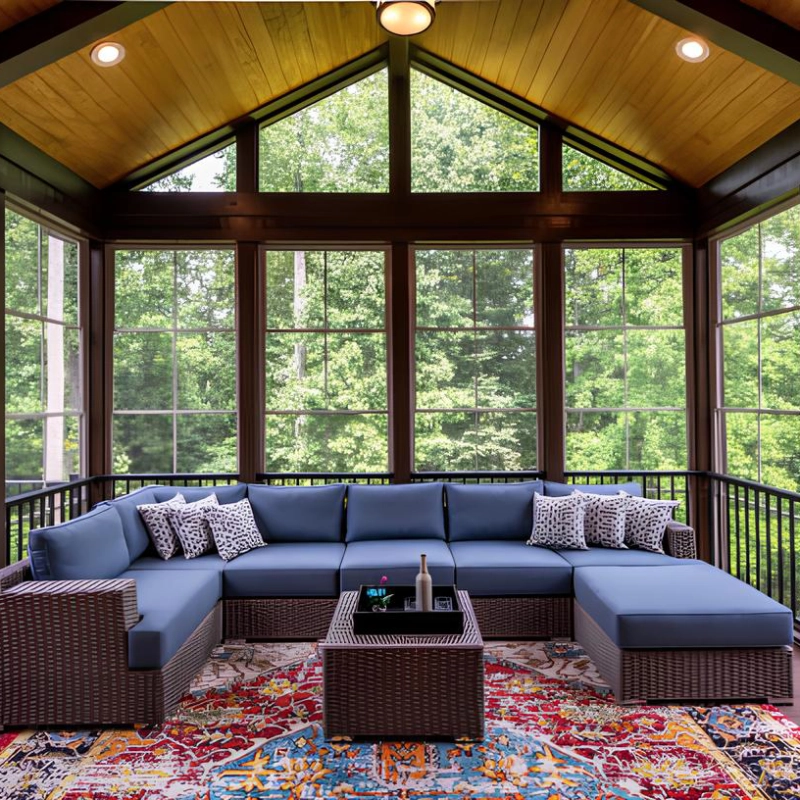 3-season-sunroom-with-blue-couch-and-small-table-with-lights-on-the-wooden-ceiling-and-nature-view-on-the-background-in-southern-maryland