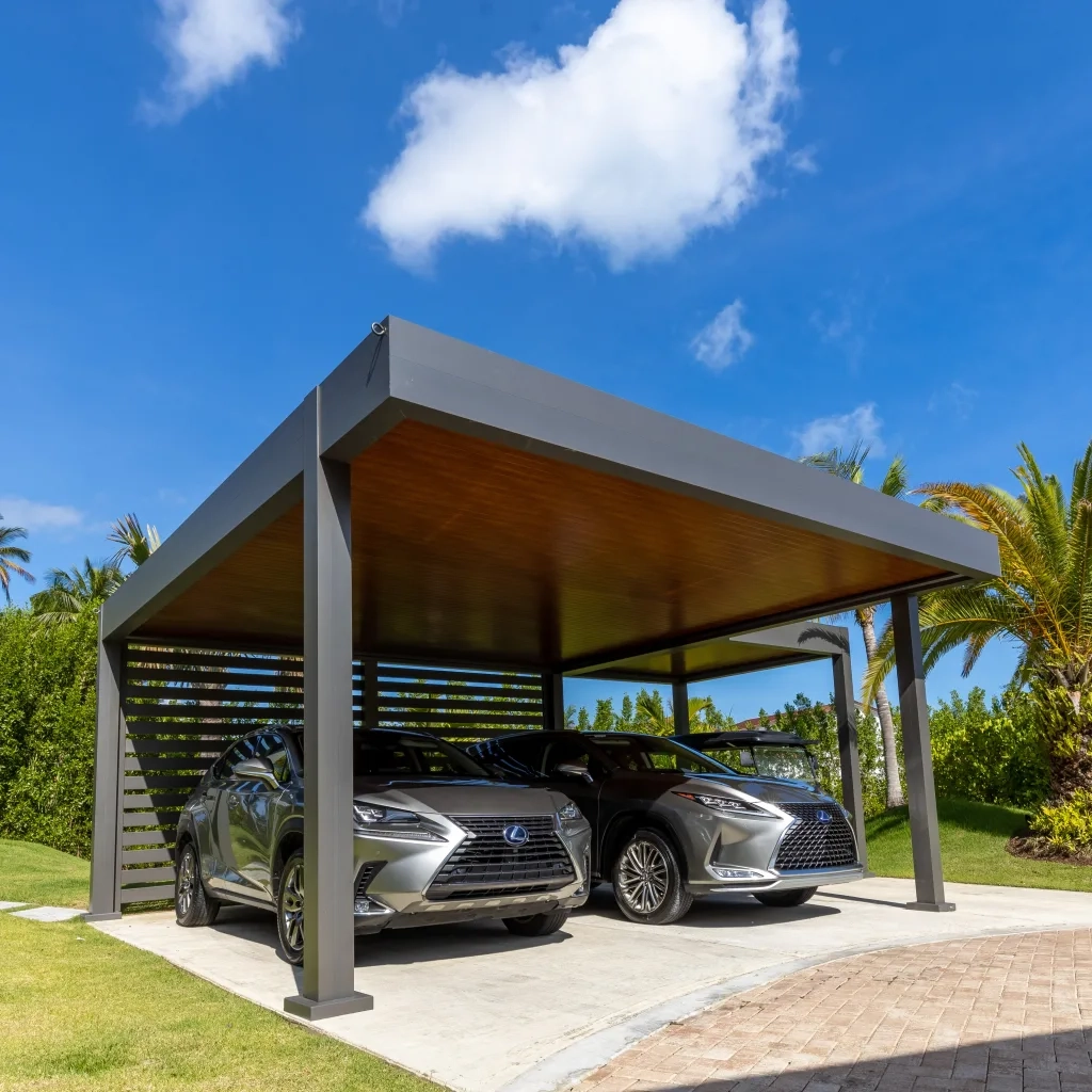black-brown-carpot-with-two-cars-and-eletric-bike-surrounded-by-plants-and-grass-with-beautiful-sky-view-on-the-background-in-southern-maryland