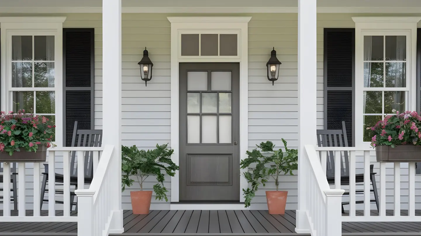 elegant-door-installation-on-the-front-porch-with-custom-pvc-deck-with-two-rocking-chairs-and-decorative-plants-in-huntingtown-maryland