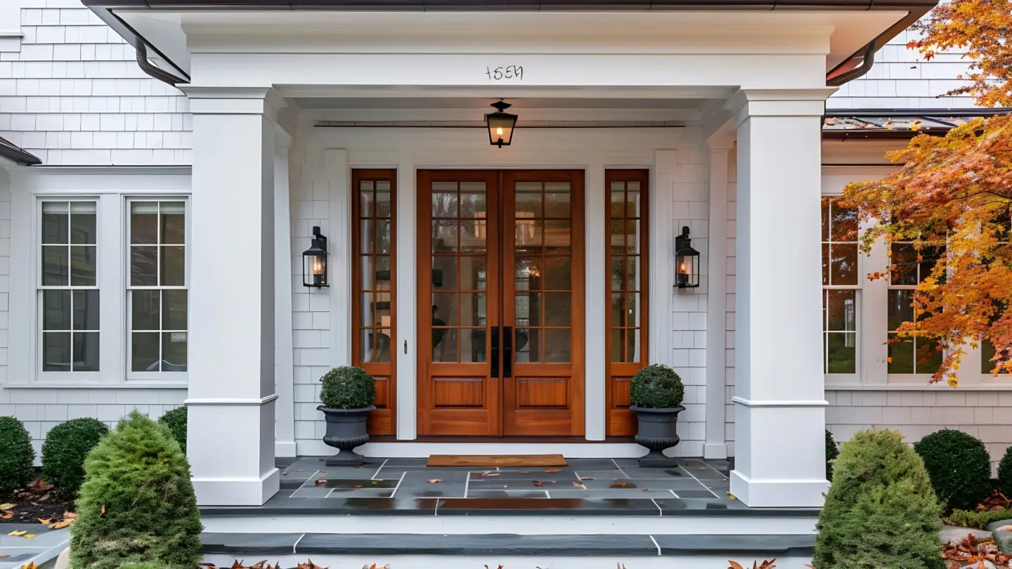 glass-door-installation-on-the-white-house-with-multiple-windows-surrounded-by-grass-decorations-in-huntingtown-maryland