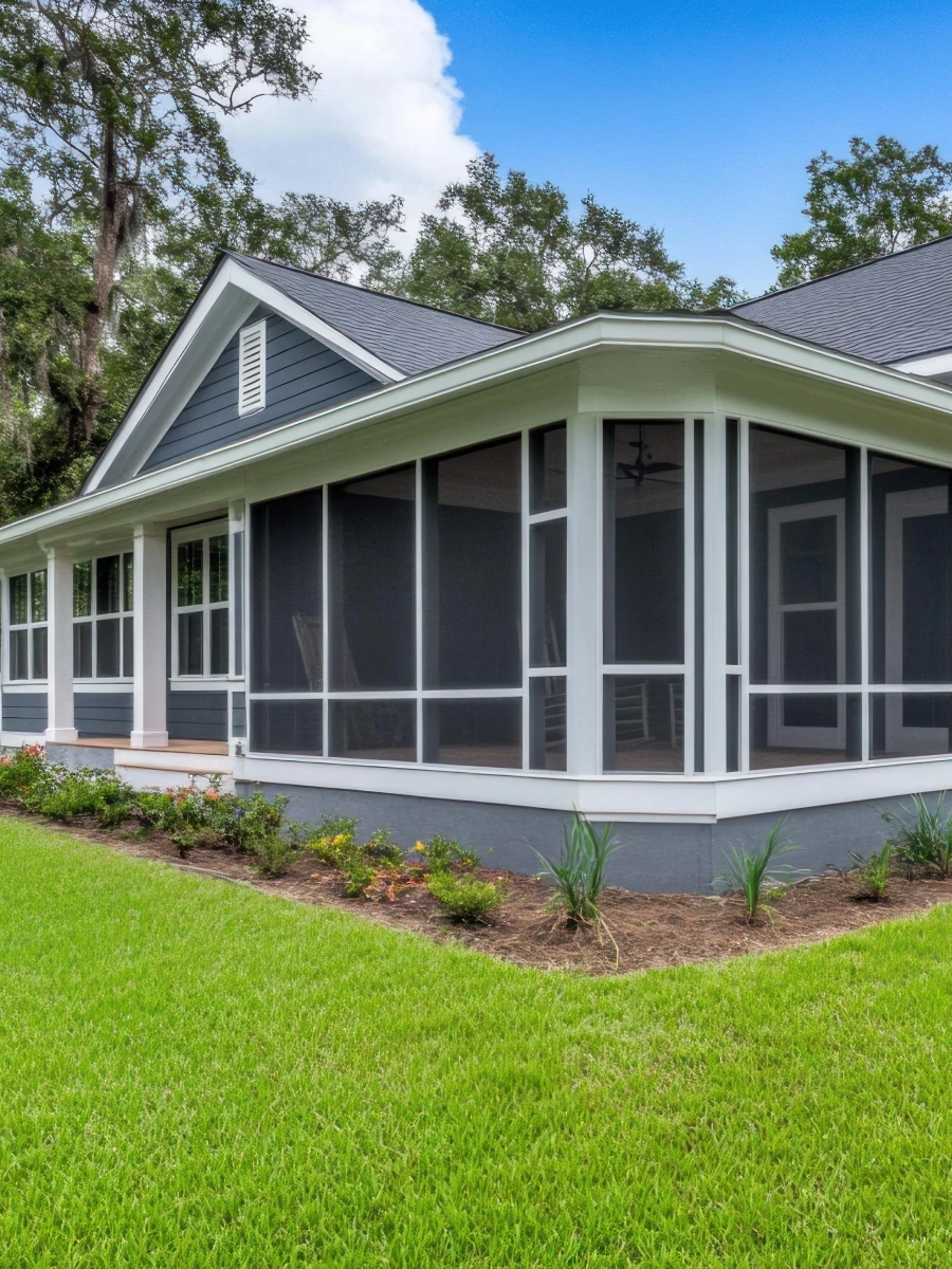screened-porch-with-lush-lawn-and-landscaping-with-trees-and-sky-on-the-background-in-southern-maryland