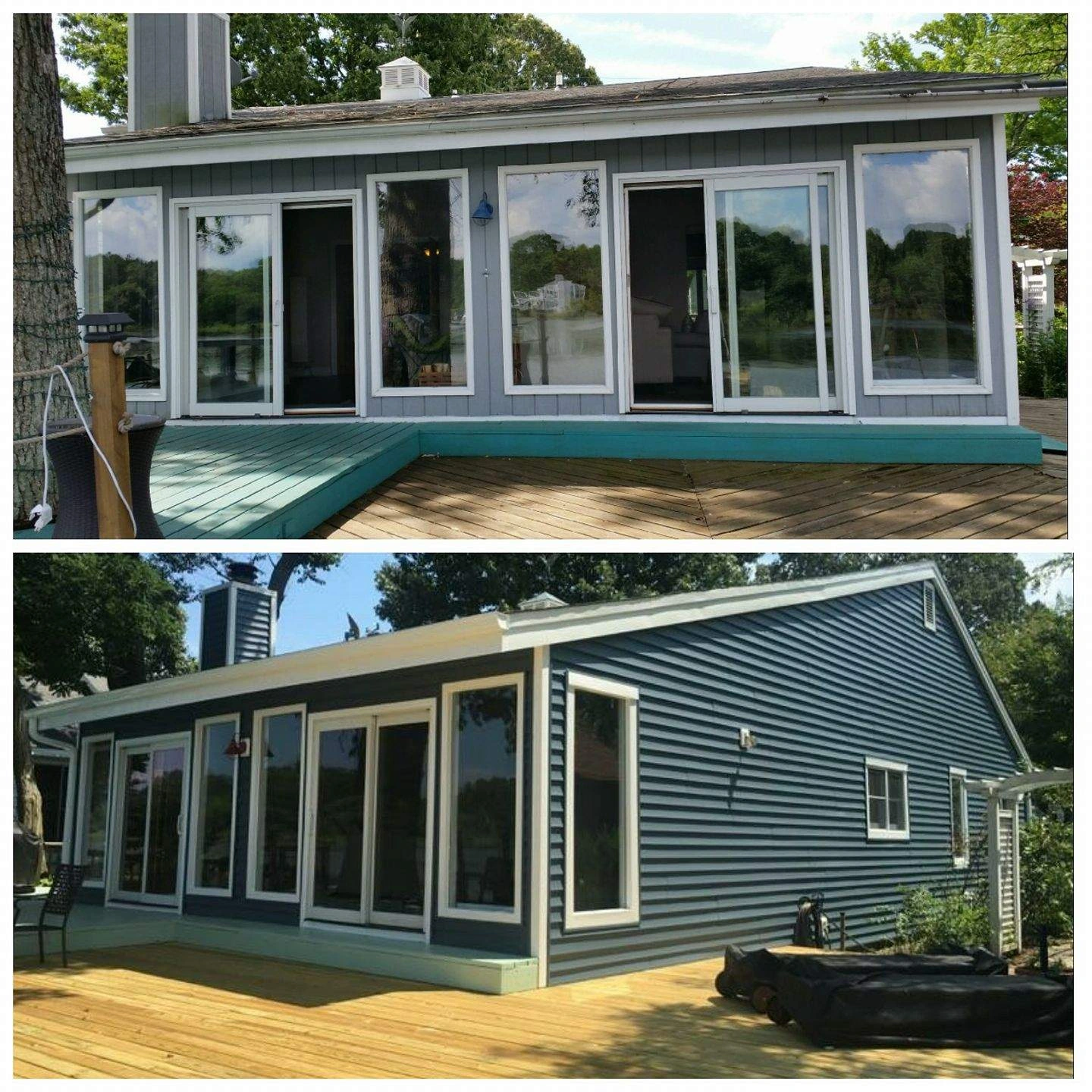 sliding-glass-door-and-multiple-windows-on-the-dark-green-and-gray-house-with-custom-deck-in-southern-maryland